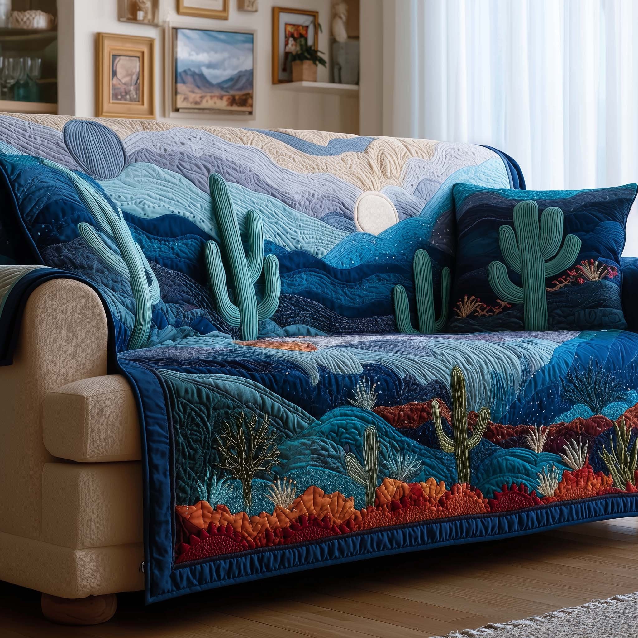Blue Desert Cactus at Night Sofa Cover