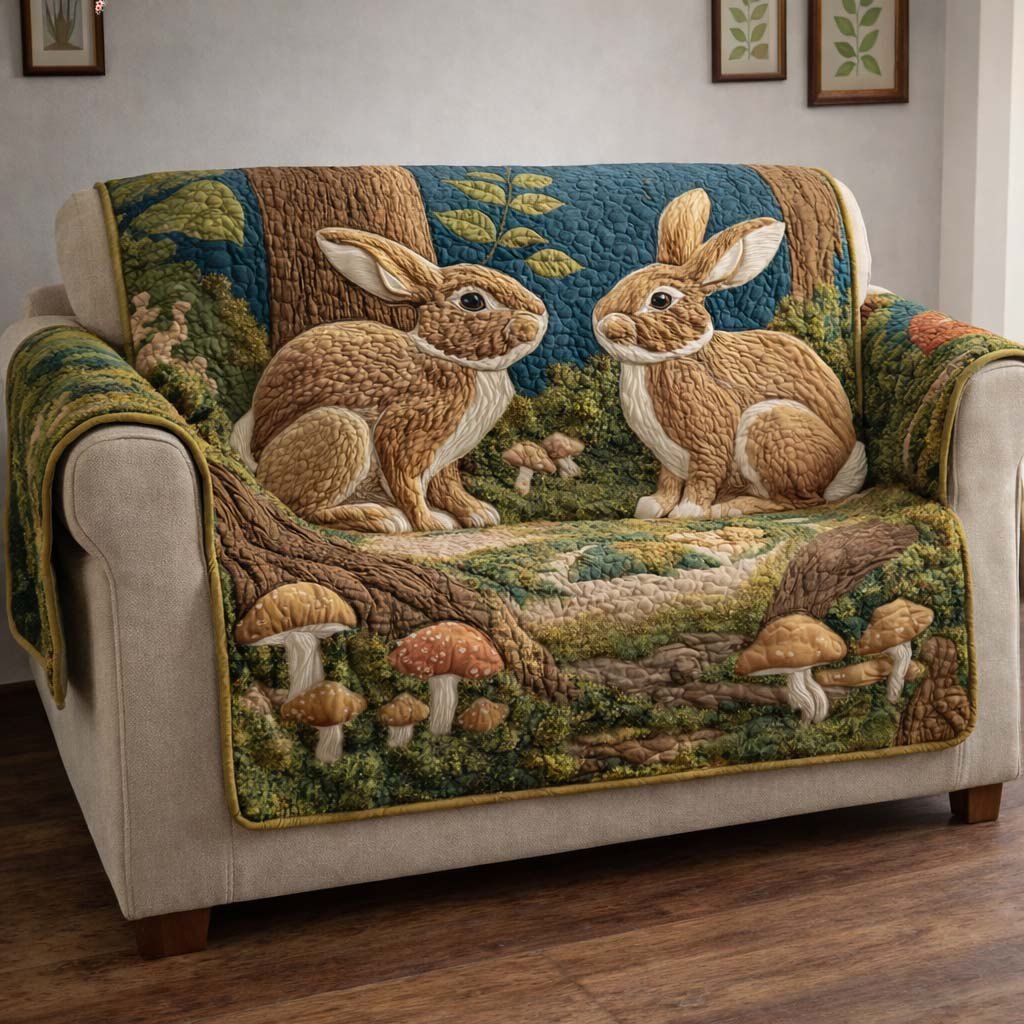 Rabbits and Mushrooms on the Log Sofa Cover