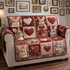Rabbits and Hearts on Red Patches Sofa Cover