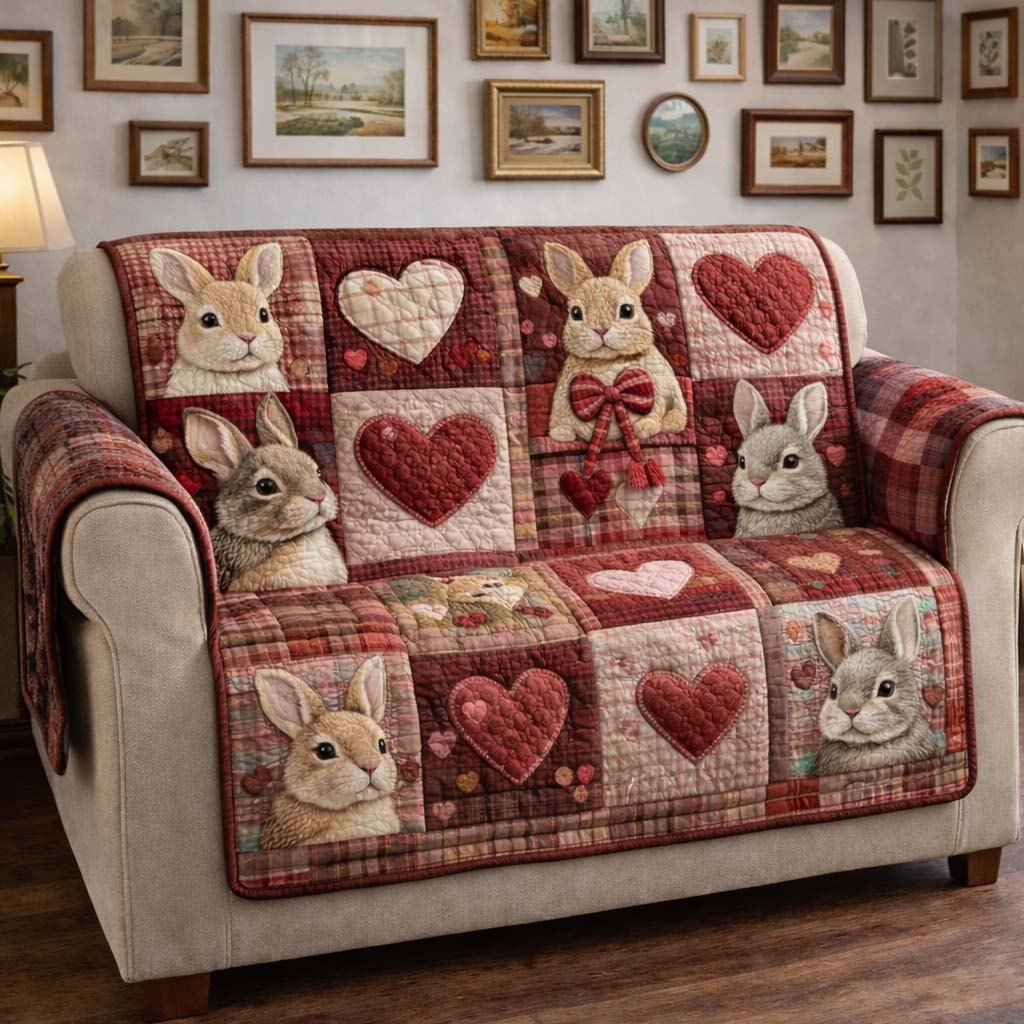 Rabbits and Hearts on Red Patches Sofa Cover