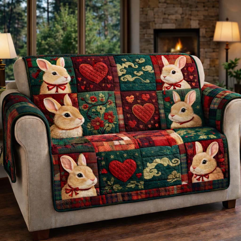 Rabbits and Hearts on Green Patches Sofa Cover