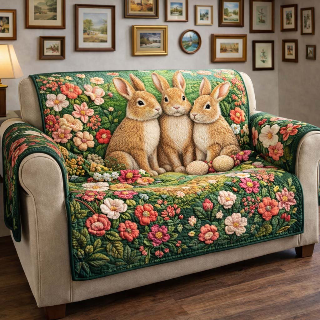 Rabbits in a Blooming Flower Garden Sofa Cover