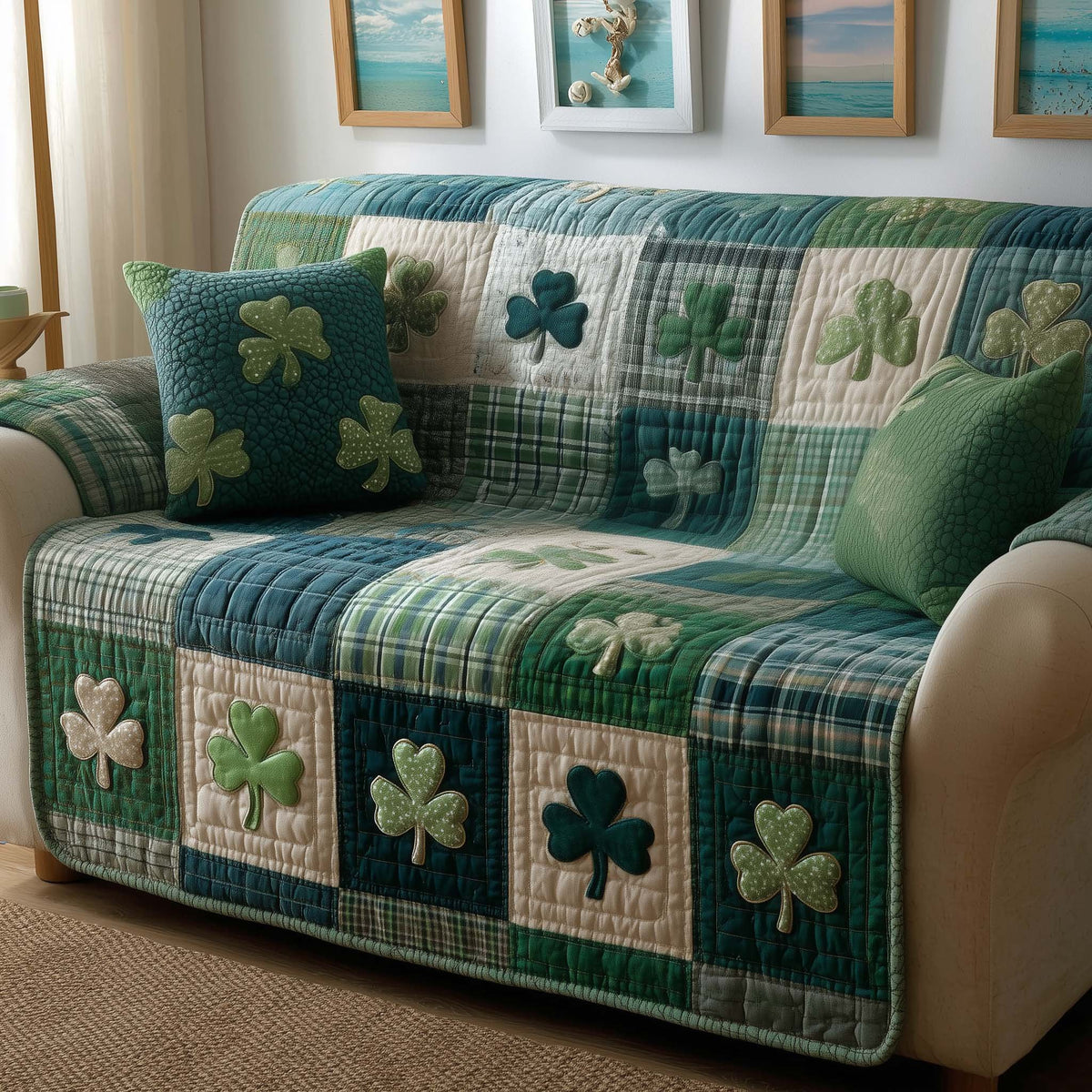 Shamrocks on Green Plaid Squares Sofa Cover