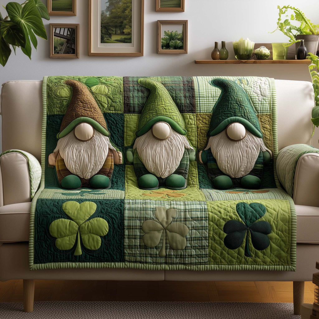 Gnomes with Shamrocks on Green Plaid Sofa Cover