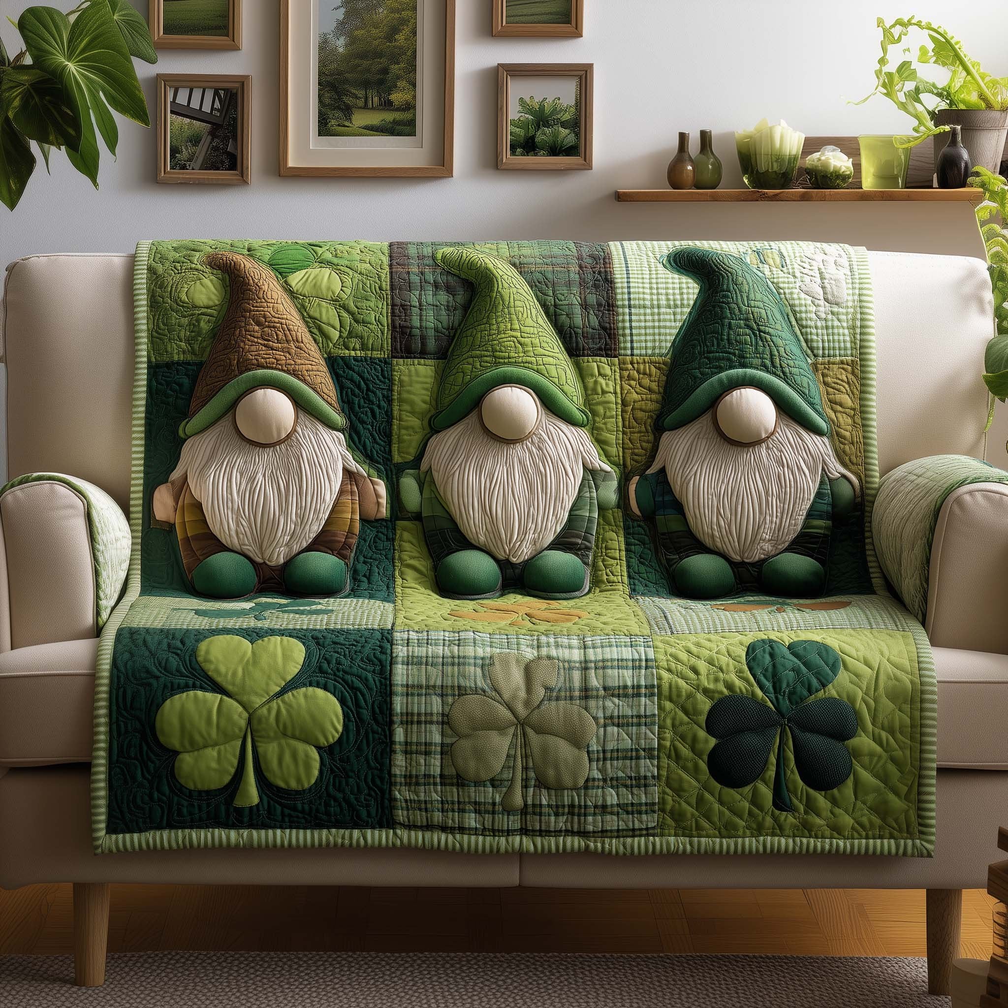 Gnomes with Shamrocks on Green Plaid Sofa Cover