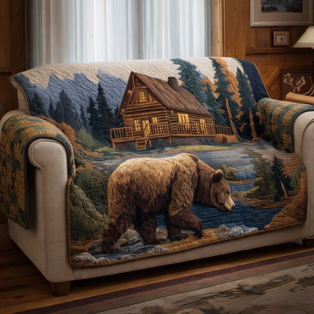 Bear Walking Past the Log Cabin Sofa Cover