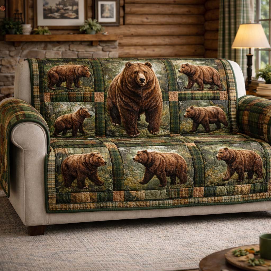 Bears on Green Patchwork Squares Sofa Cover