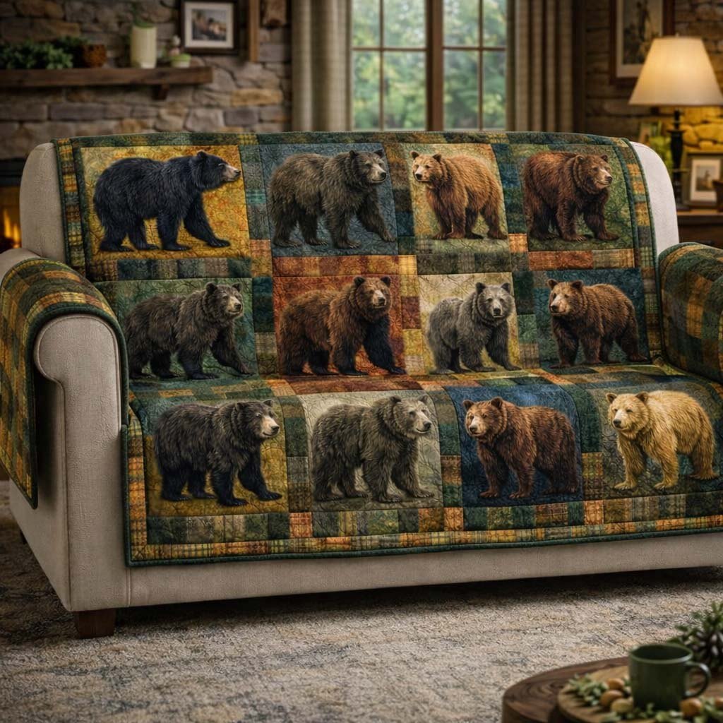 Bears on Blue and Olive Squares Sofa Cover