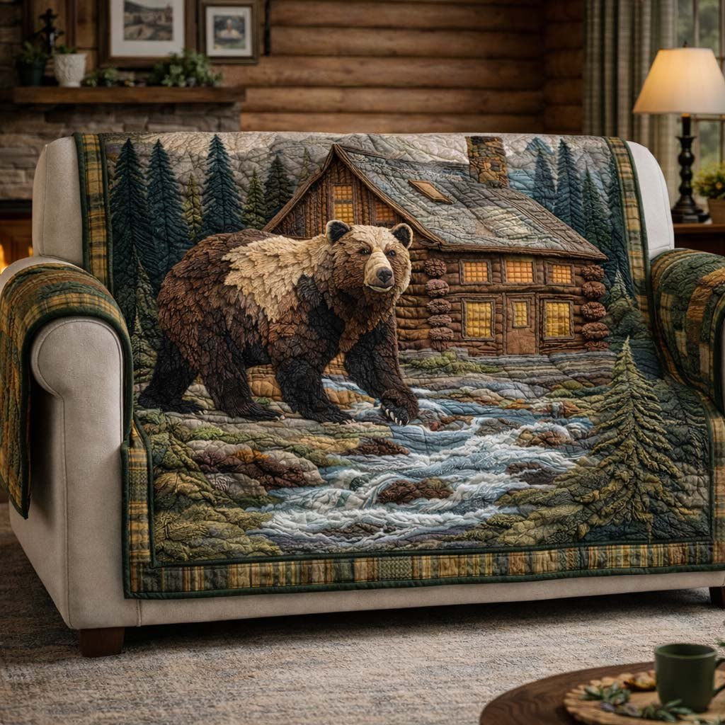 Bear Crossing the Stream by a Cabin Sofa Cover