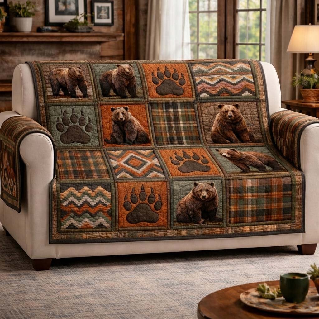 Bears and Paw Prints on Rust Patches Sofa Cover