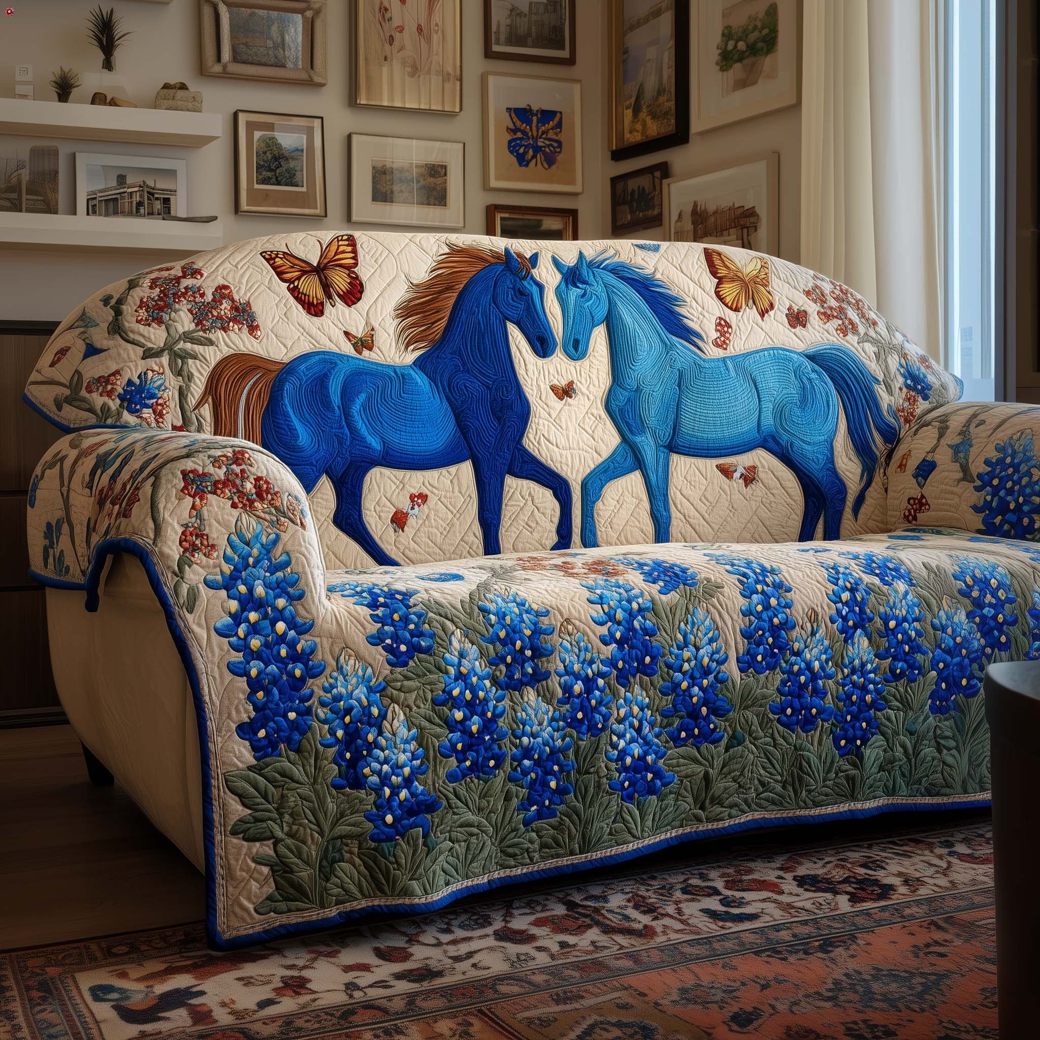 Blue Horses Among Bluebonnets Sofa Cover