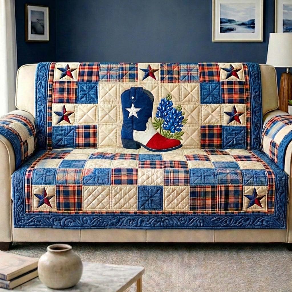 Bluebonnets Boots and Stars on Plaid Sofa Cover