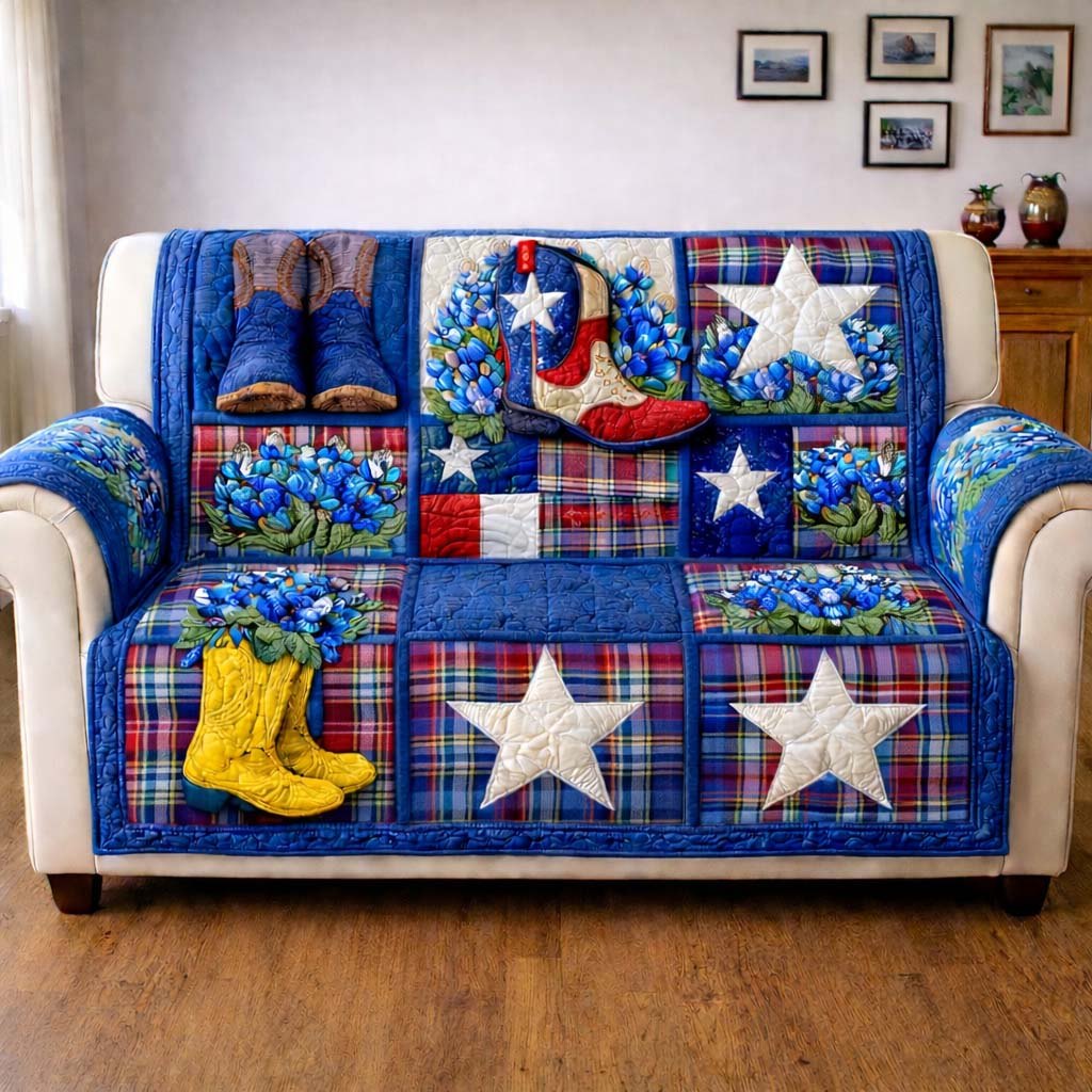 Bluebonnets with Boots and White Stars Sofa Cover