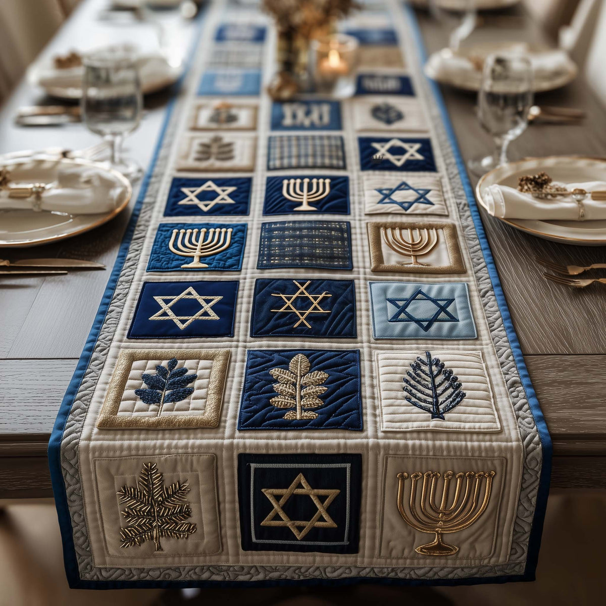 Star and Menorah Blocks in Navy Table Runner
