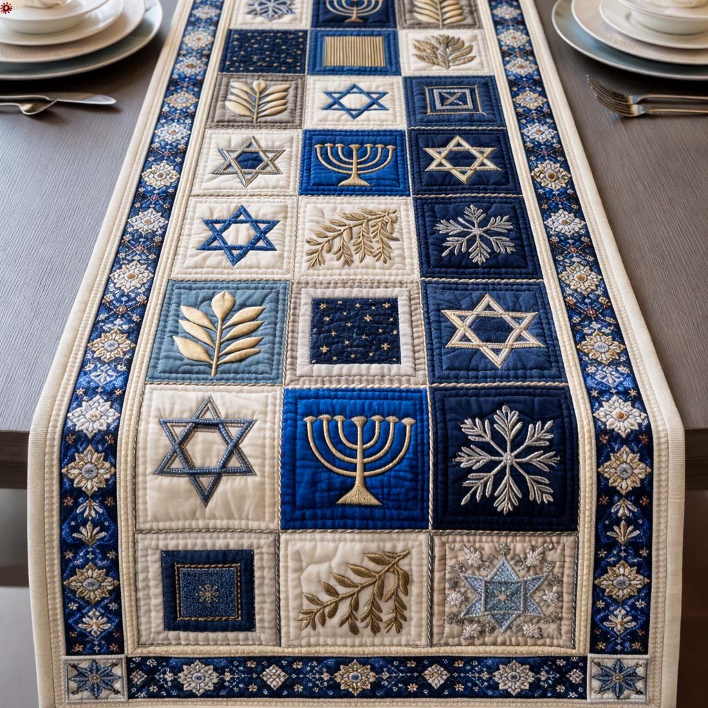 Snowflake and Menorah Blocks on Cream Table Runner
