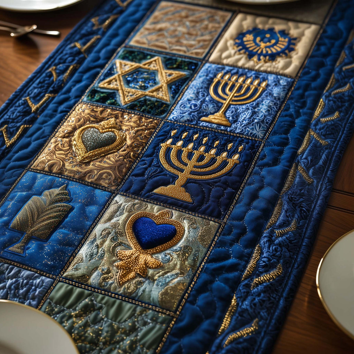 Menorah and Heart Blocks in Blue Table Runner