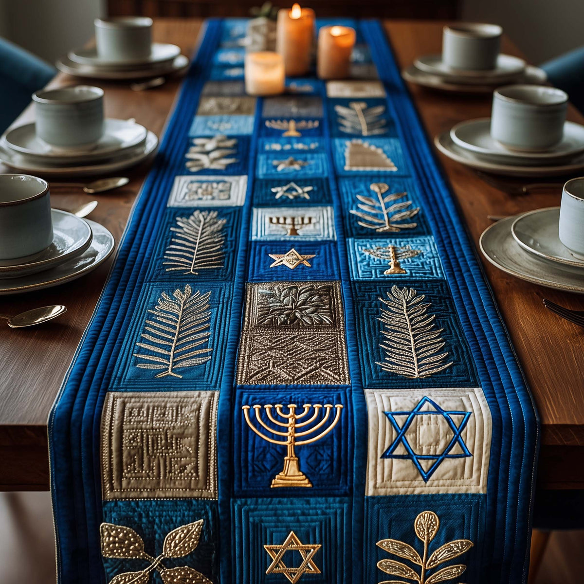 Menorah Blocks with Leaf Motifs Table Runner
