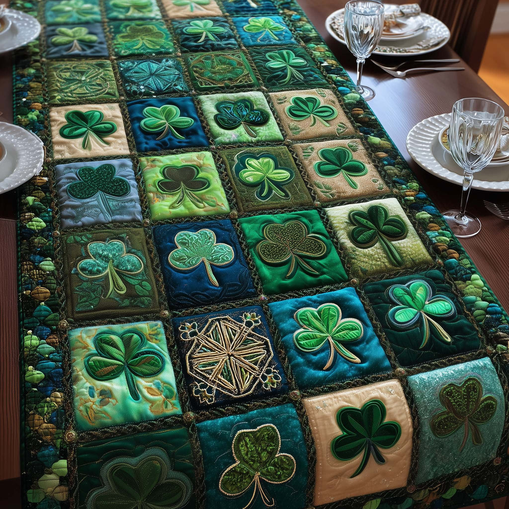 Patchwork Shamrock Squares in Teal and Green Table Runner