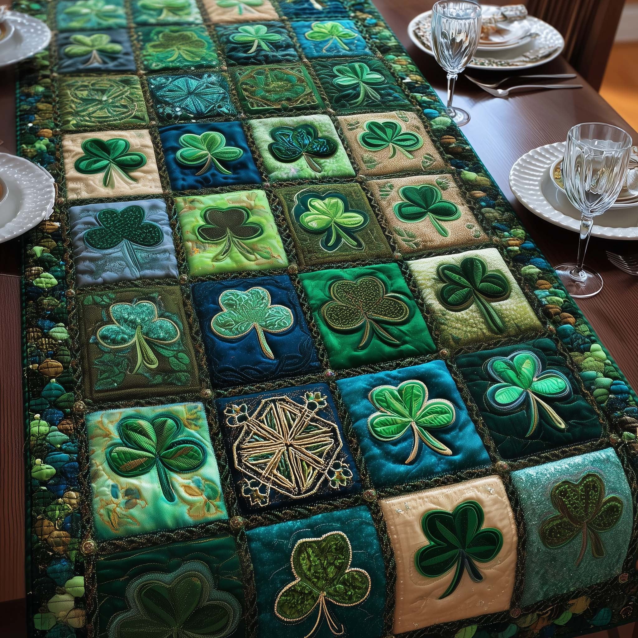 Patchwork Shamrock Squares in Teal and Green Table Runner