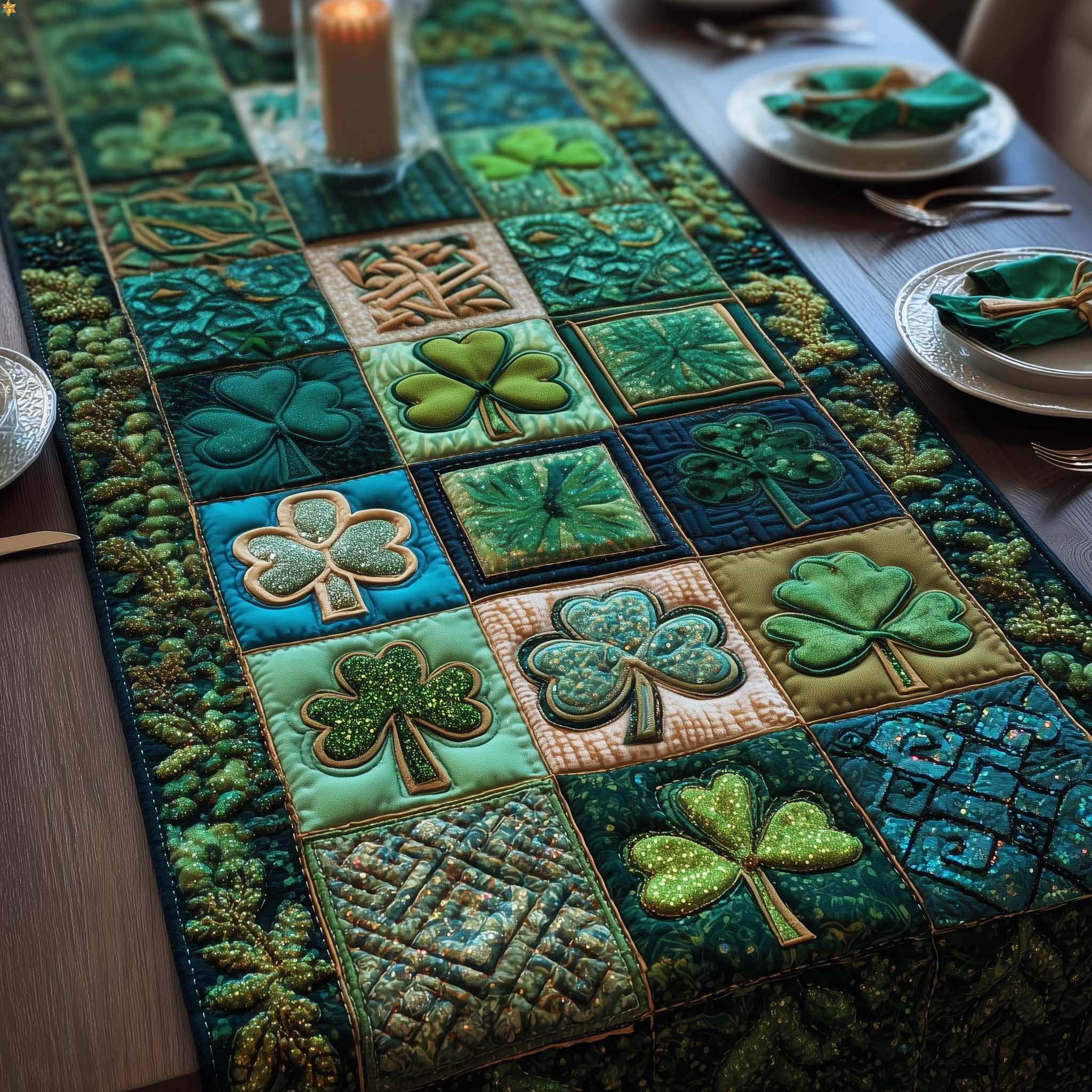 Shamrock Quilt Blocks in Green and Blue Table Runner