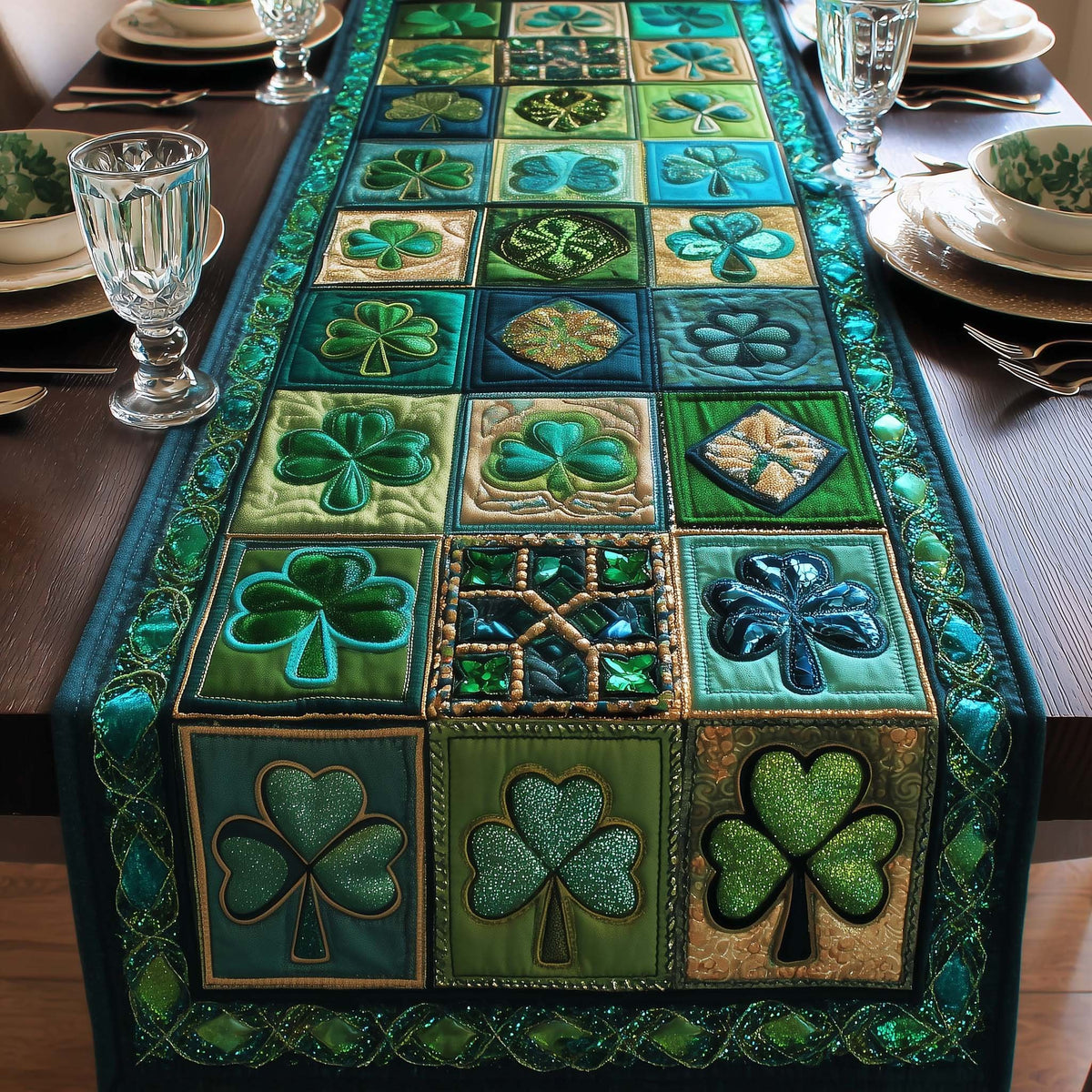 Shamrock Tiles in Sage and Denim Table Runner