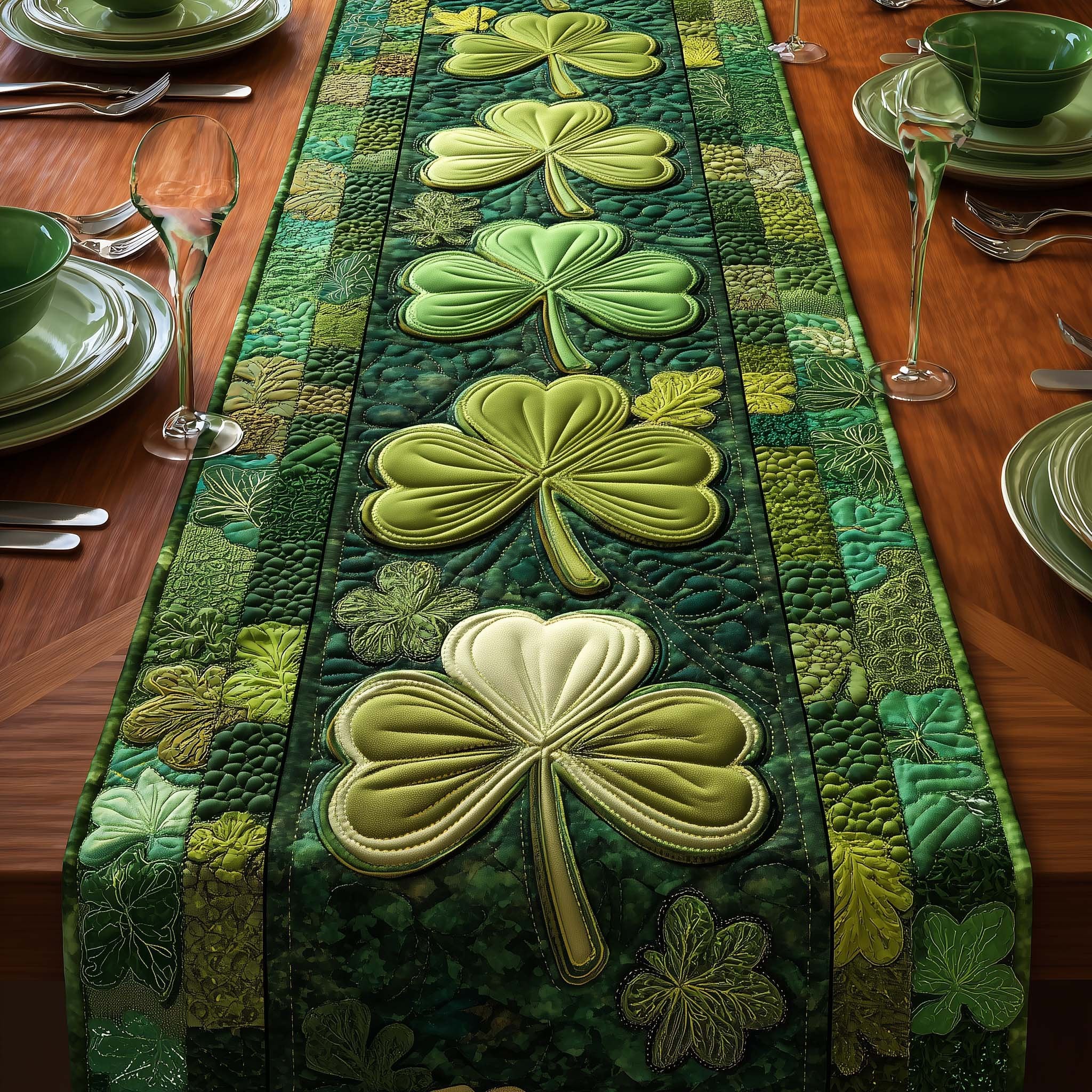Pale Green Shamrocks on Emerald Table Runner