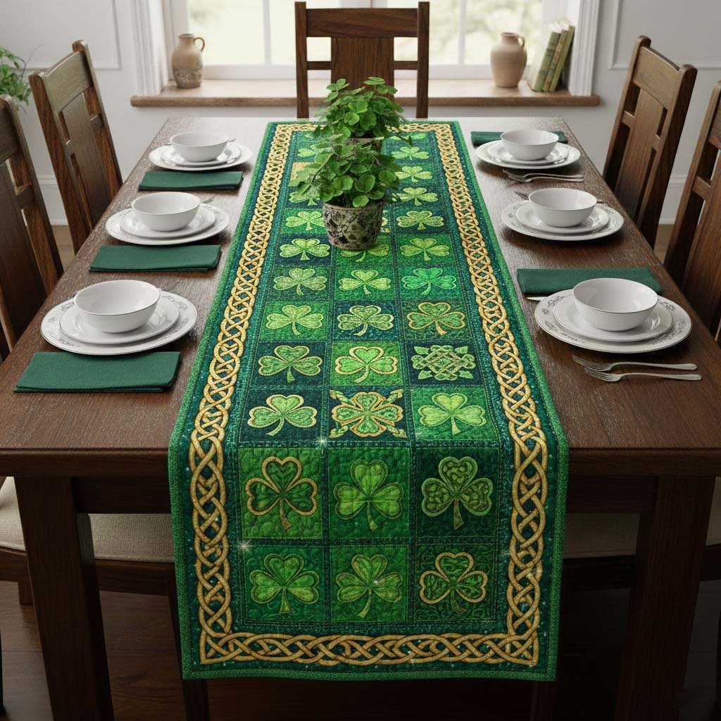 Green Shamrock Grid with Celtic Border Table Runner