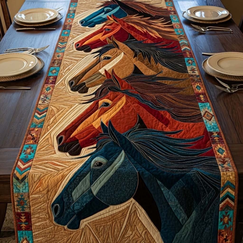 Red and Blue Horses on Gold Table Runner