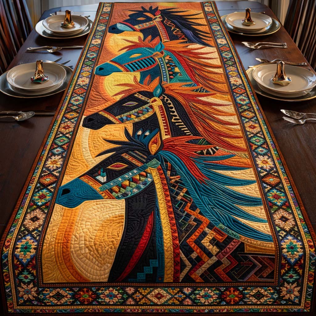 Blue Horse on Aztec Pattern Table Runner