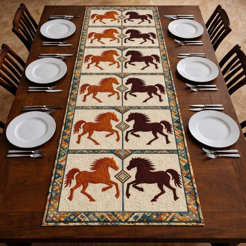 Galloping Horses in Cream Squares Table Runner