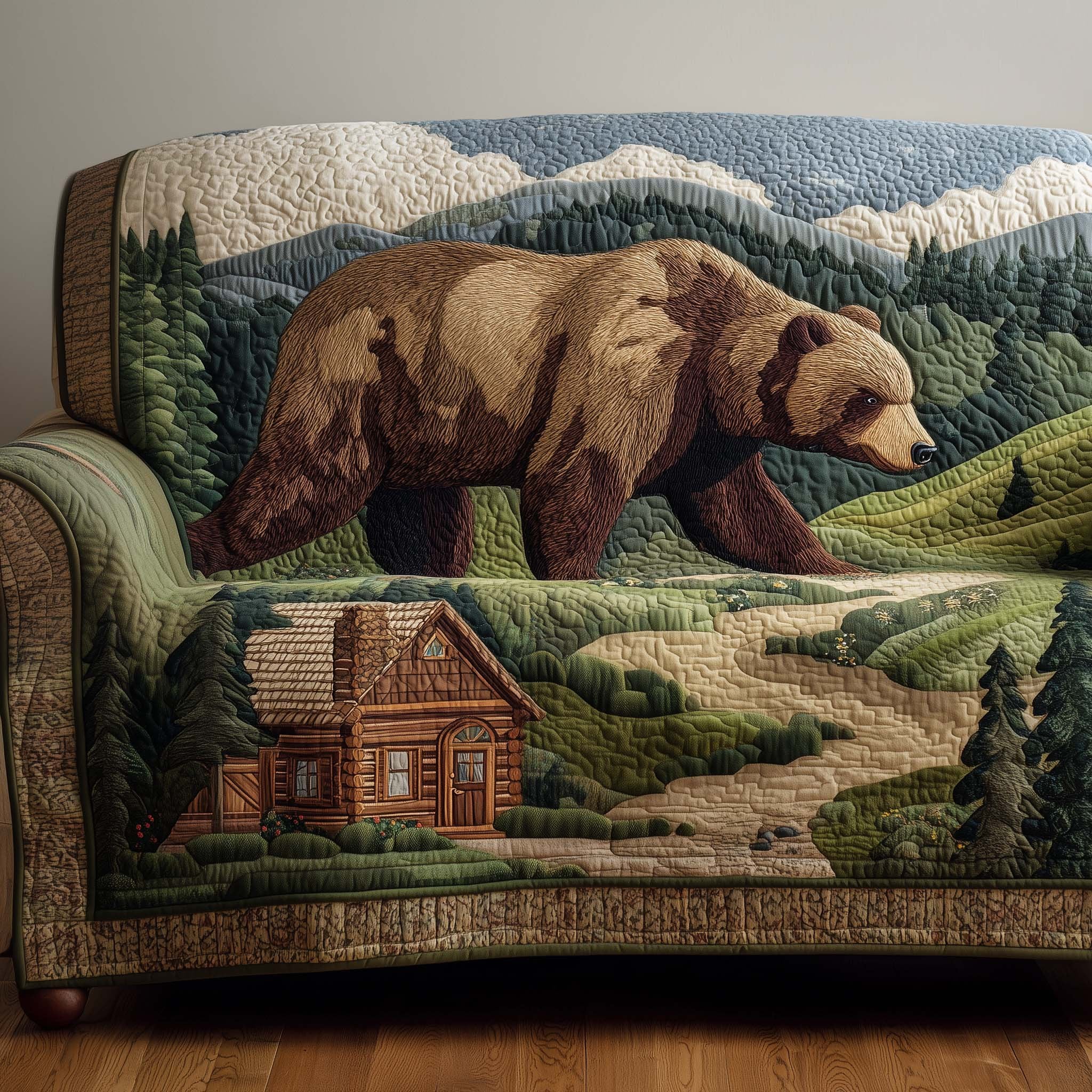 Grizzly Bear Near the Green Cabin Sofa Cover