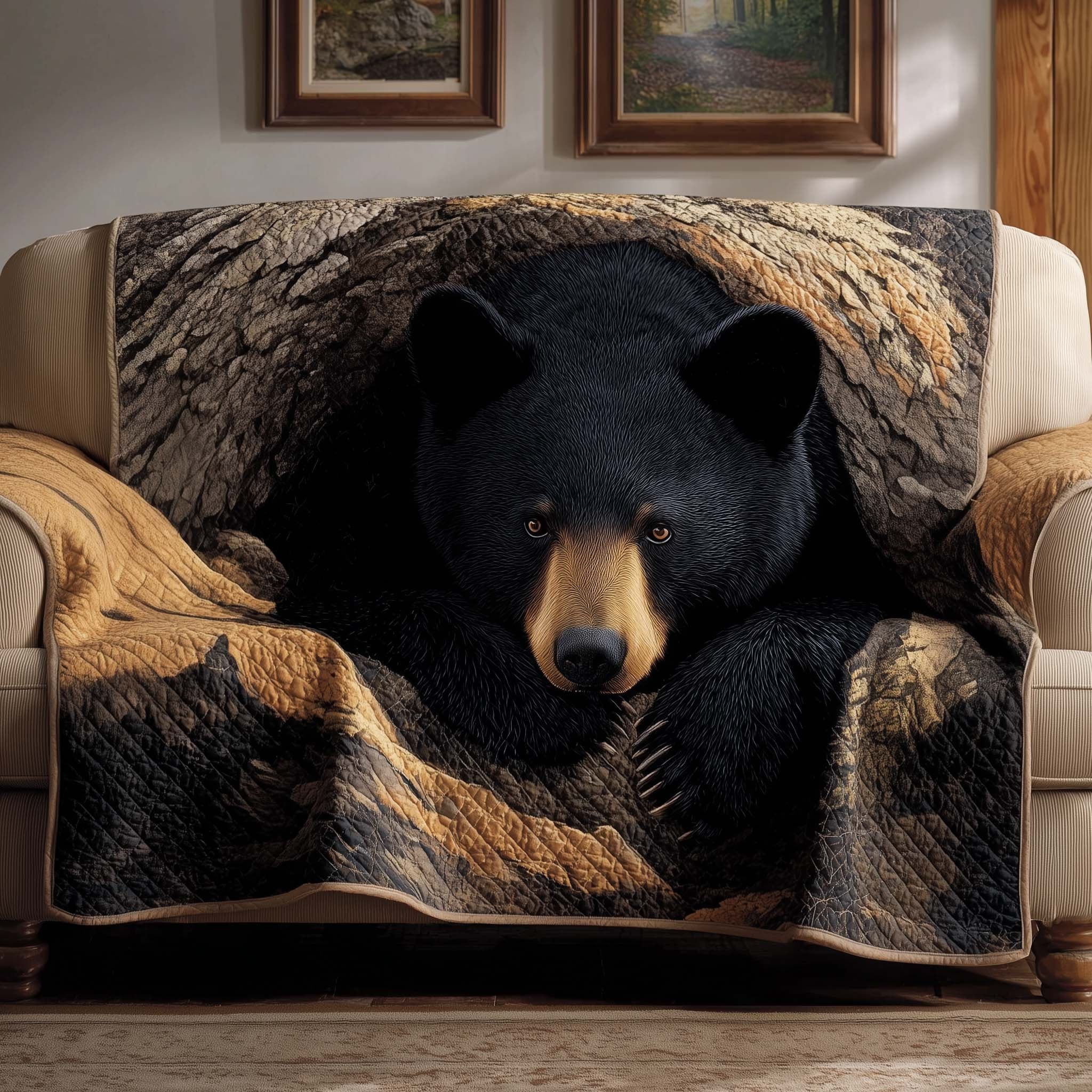 Black Bear Face in the Hollow Log Sofa Cover