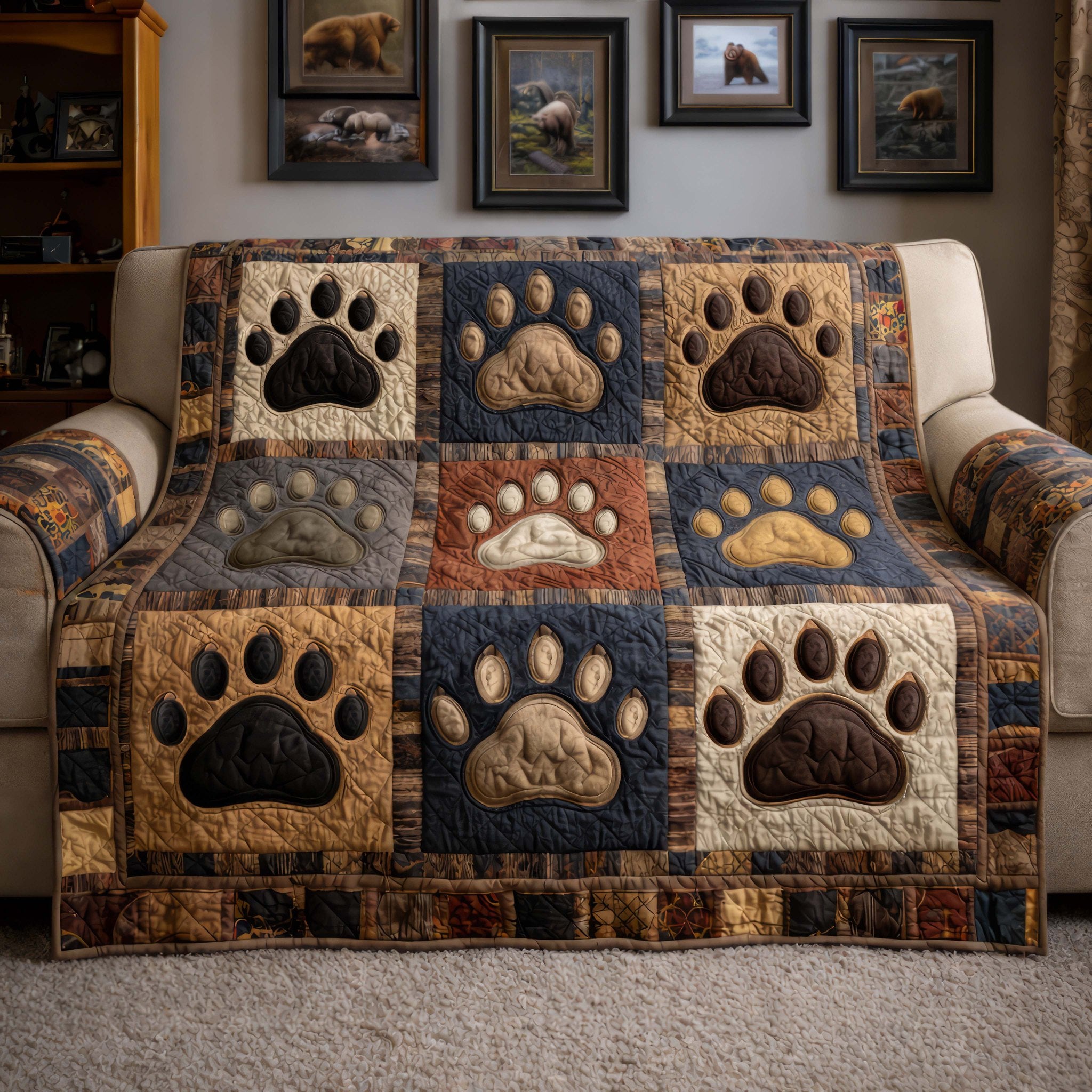 Bear Paw Prints in Earthy Blocks Sofa Cover