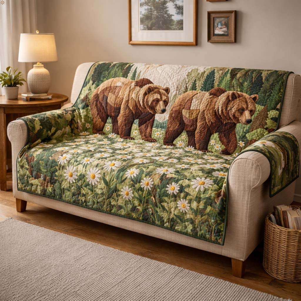 Grizzlies in the White Flower Meadow Sofa Cover