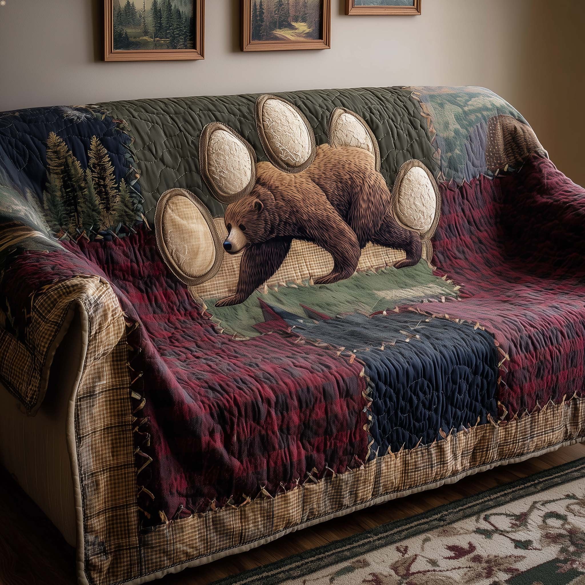 Bear Cubs on Red and Navy Panels Sofa Cover