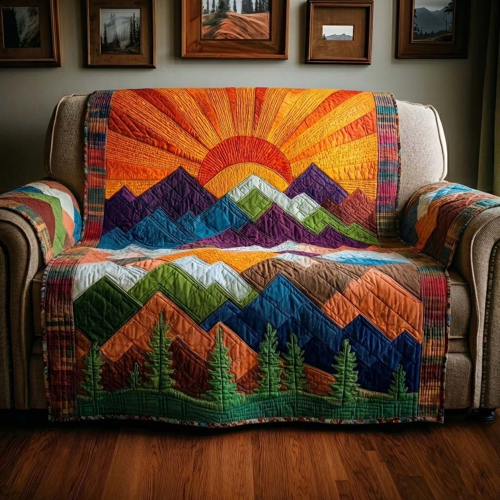 Orange Sunset Over Green Mountains Sofa Cover