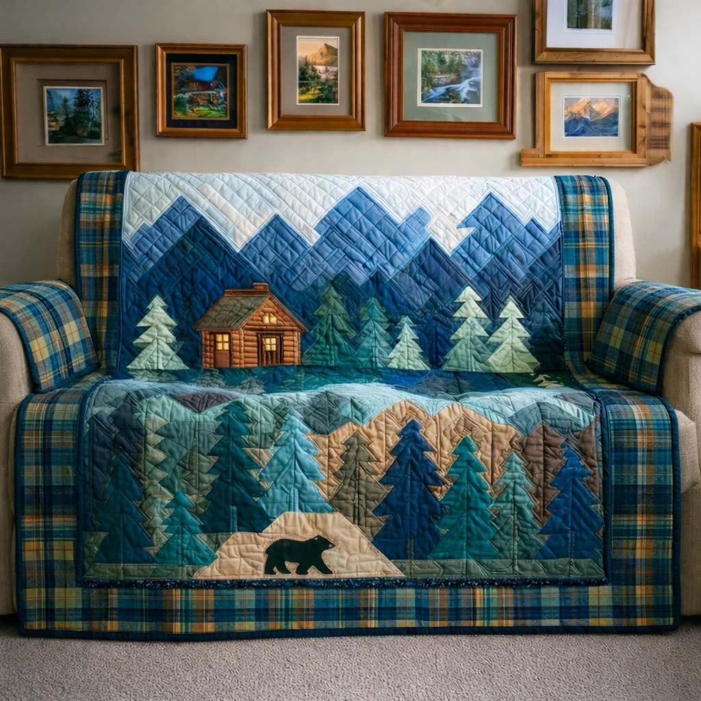 Cabin and Bear in the Blue Forest Sofa Cover