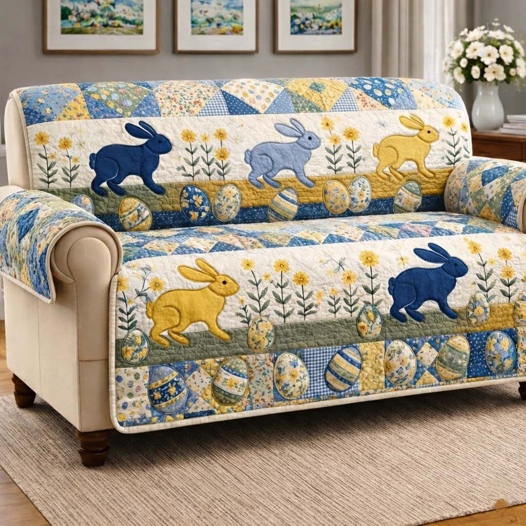 Blue and Yellow Bunnies with Eggs Sofa Cover