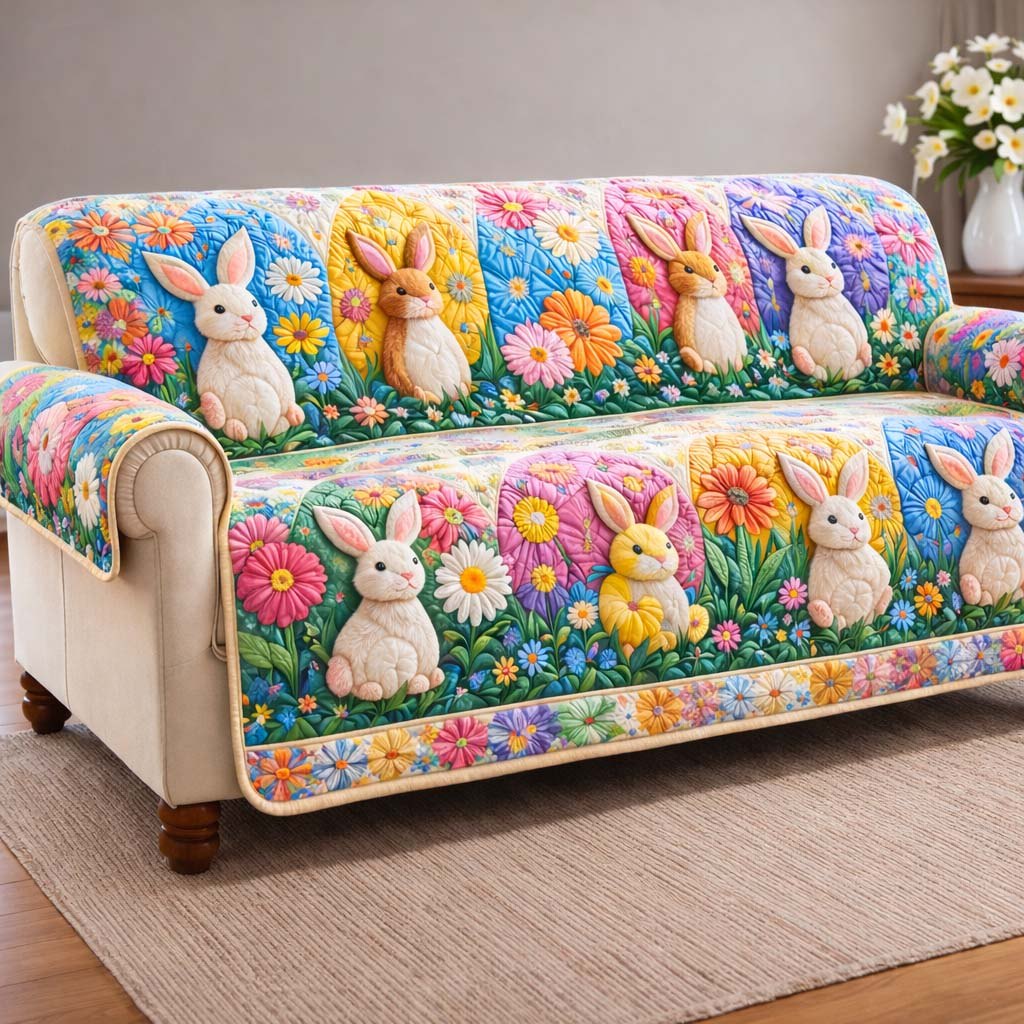Bunnies Among Bright Spring Flowers Sofa Cover