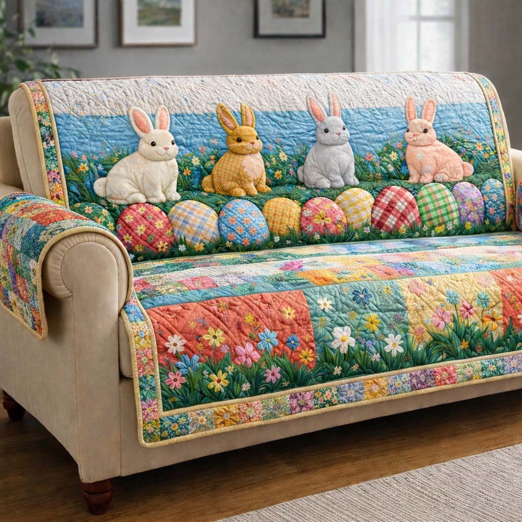 Bunnies and Eggs Above Flower Fields Sofa Cover