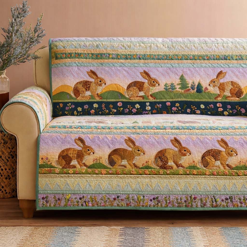 Brown Rabbits on the Striped Meadow Sofa Cover