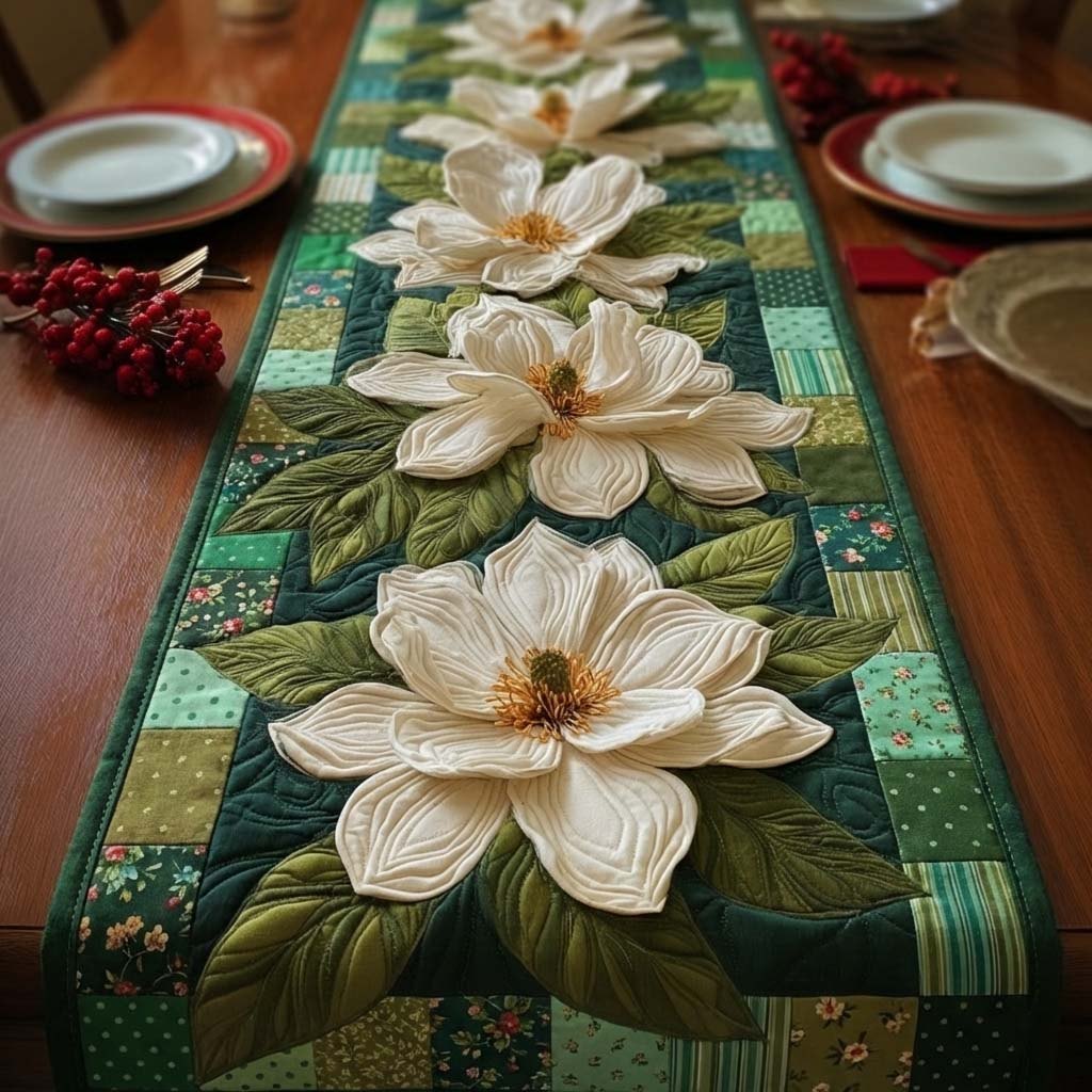 White Magnolia on Green Patchwork Table Runner