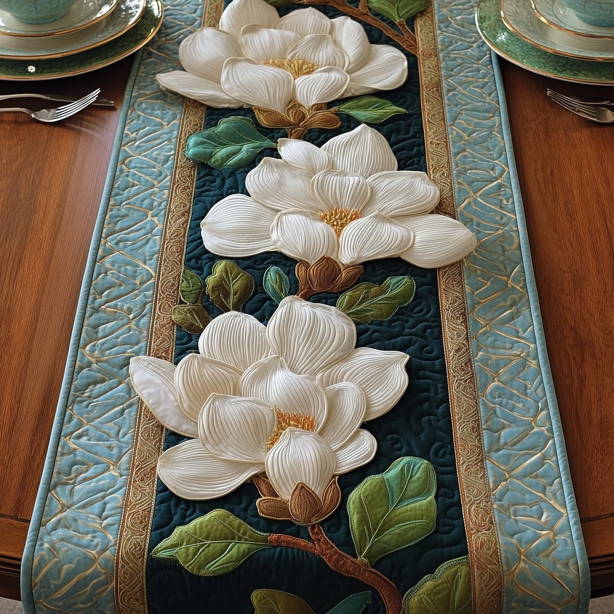 White Magnolia on Pale Blue Table Runner