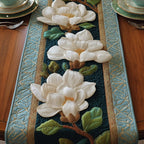 White Magnolia on Pale Blue Table Runner