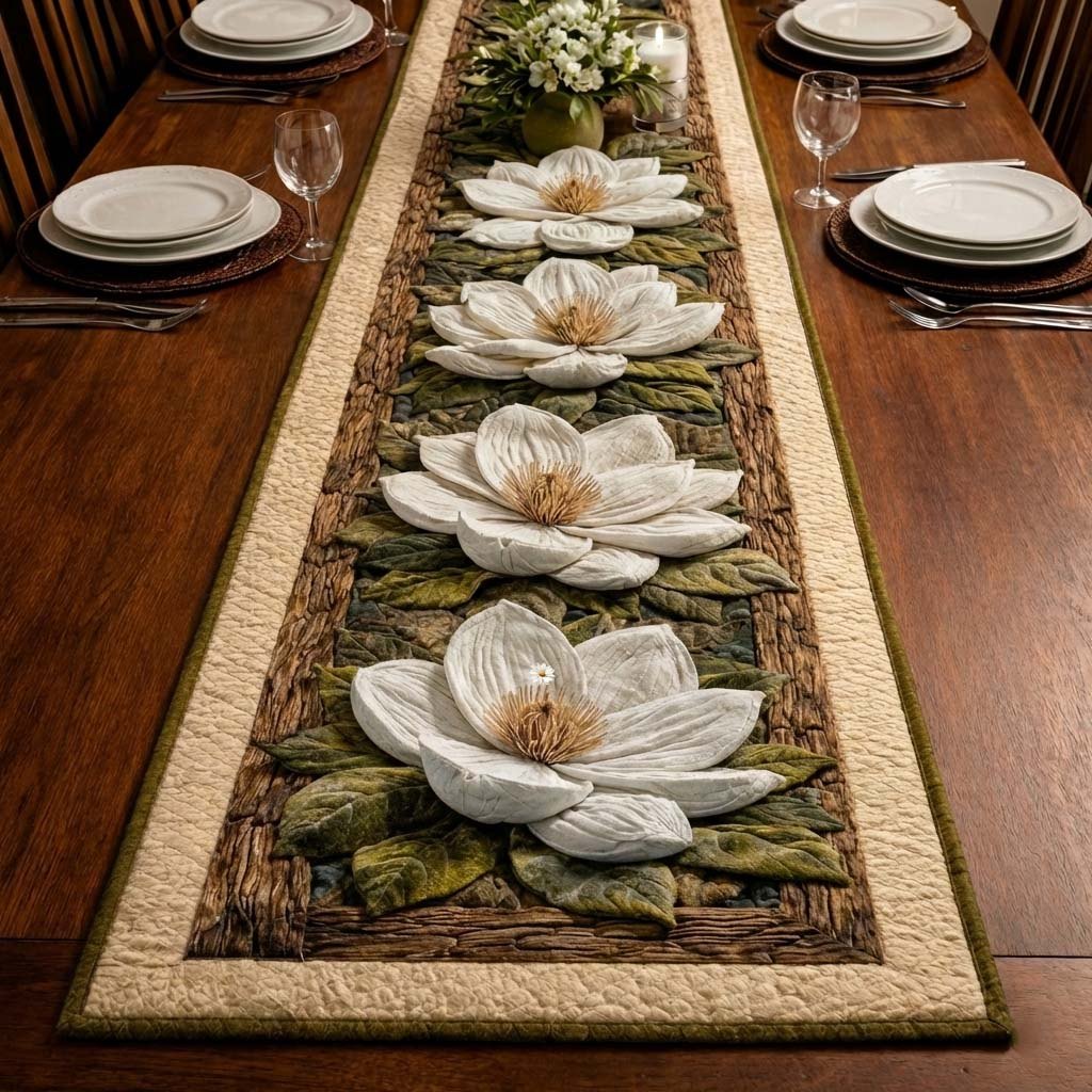 White Magnolia on Olive Woven Border Table Runner