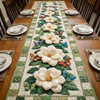 Magnolias and Butterflies on Green Stripes Table Runner