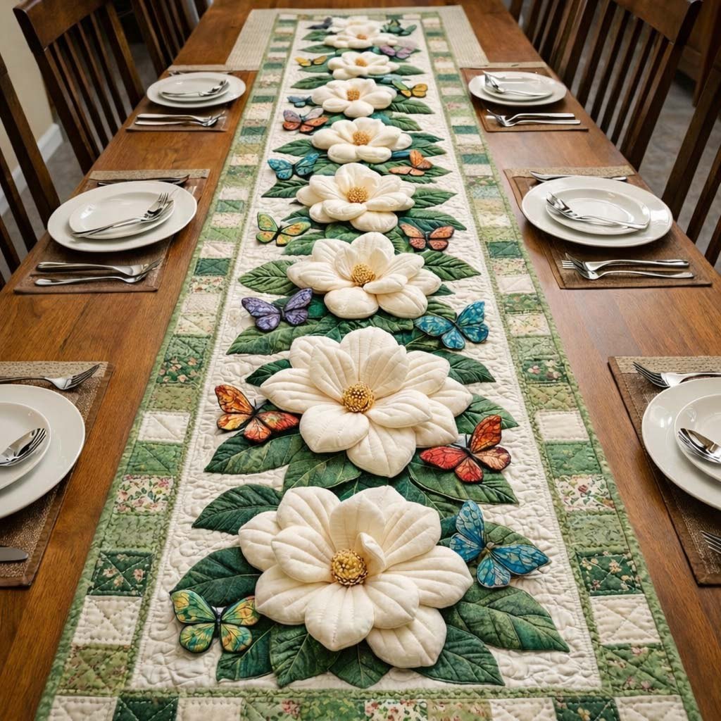 Magnolias and Butterflies on Green Stripes Table Runner
