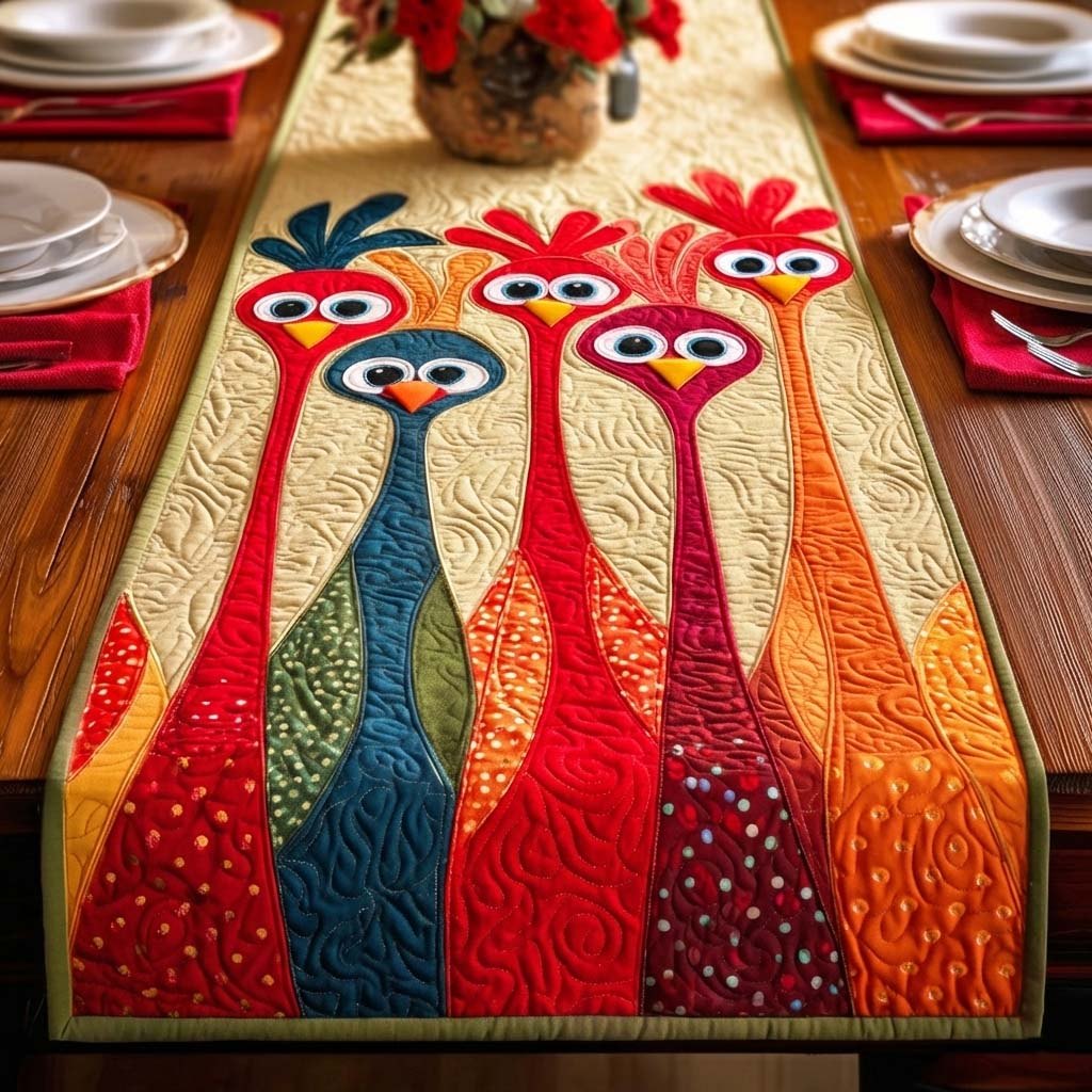 Tall Folk Roosters in Bright Colors Table Runner