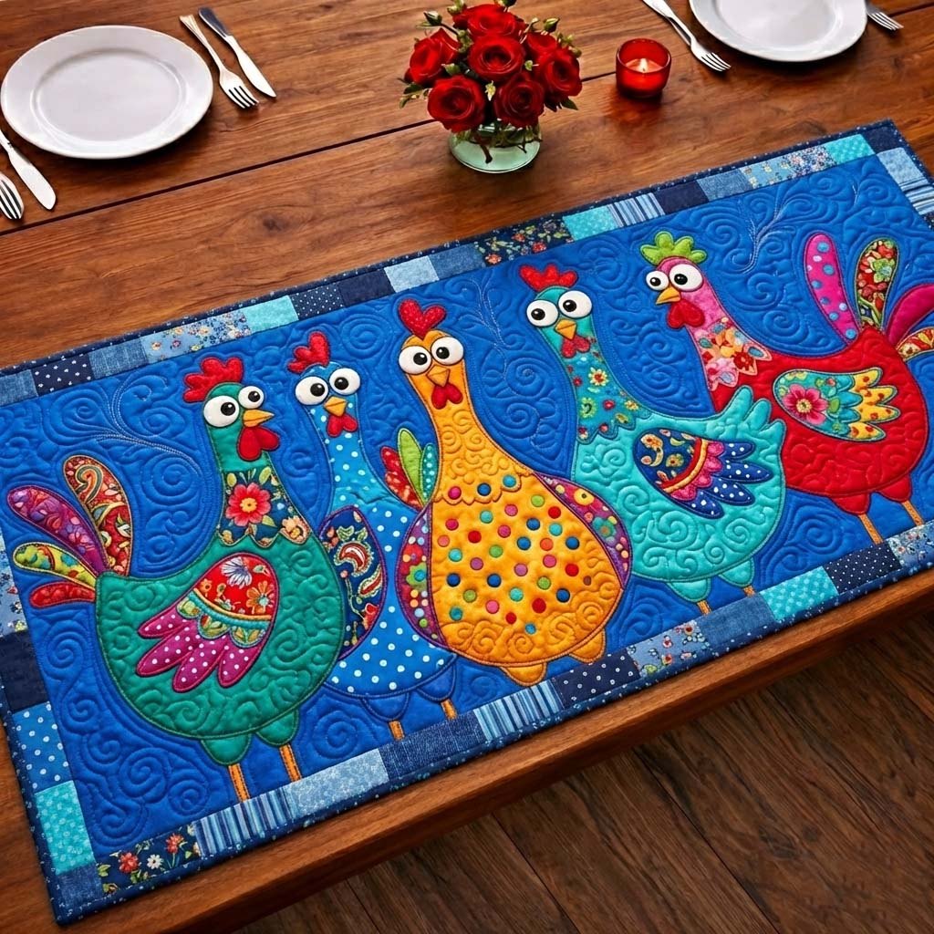 Whimsical Chickens on Blue Panel Table Runner