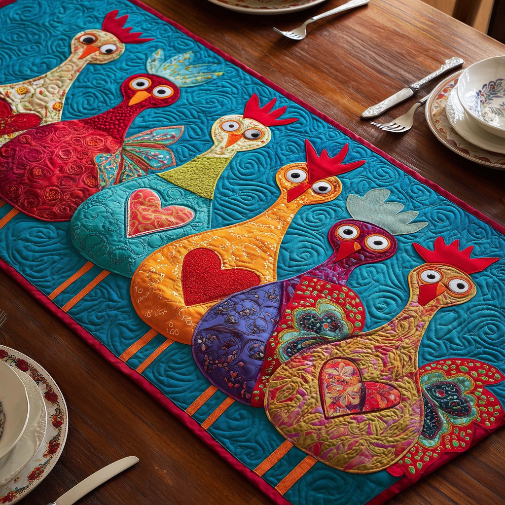 Folk Hens with Red Hearts Table Runner